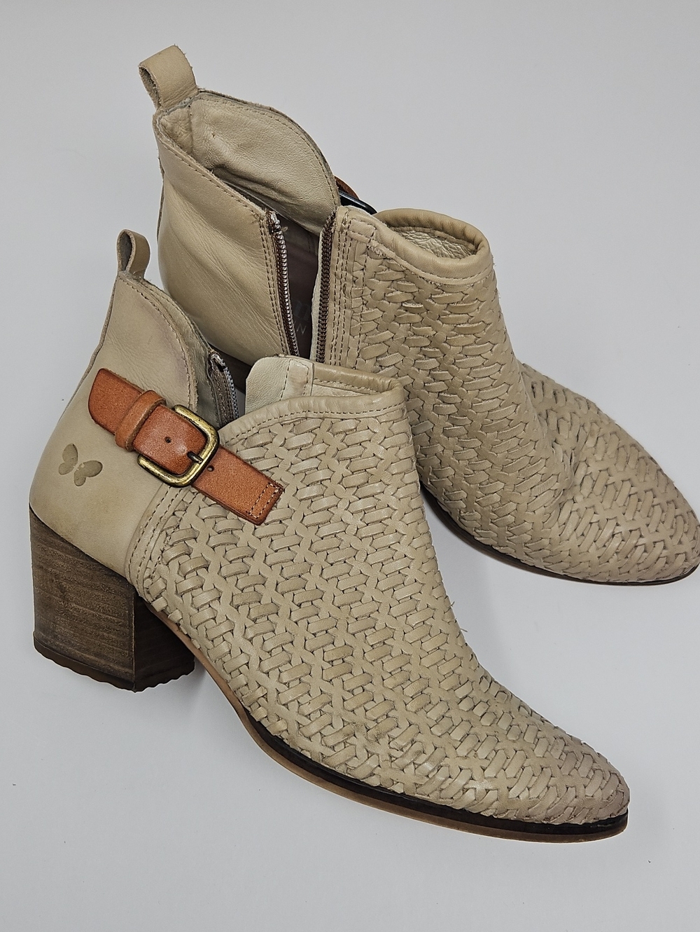 Felmini Woven Leather Ankle Boots with Buckle Stacked Heel Beige Size 10